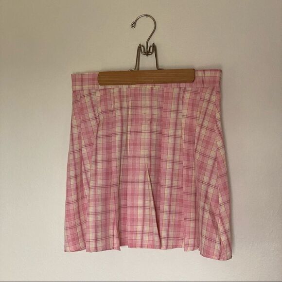 SHEIN Plaid Skirt Pleated Mini Pink Yellow Medium Party Club - Picture 2 of 10